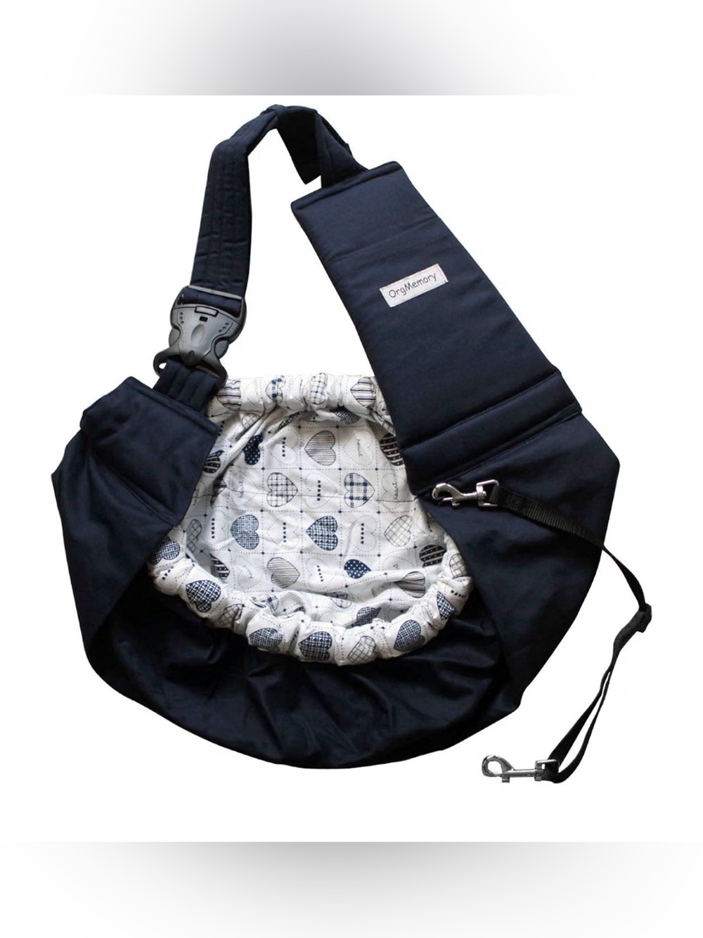 OrgMemory Navy pet Carrier Sling with Heart Print Lining and leash attachment